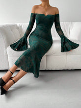 1pc Off-Shoulder Flare Sleeve Flocked Fishtail Dress